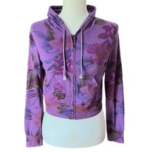 Women's Floral Cropped Zip Up Hoodie Jacket Purple Size S-M​​
